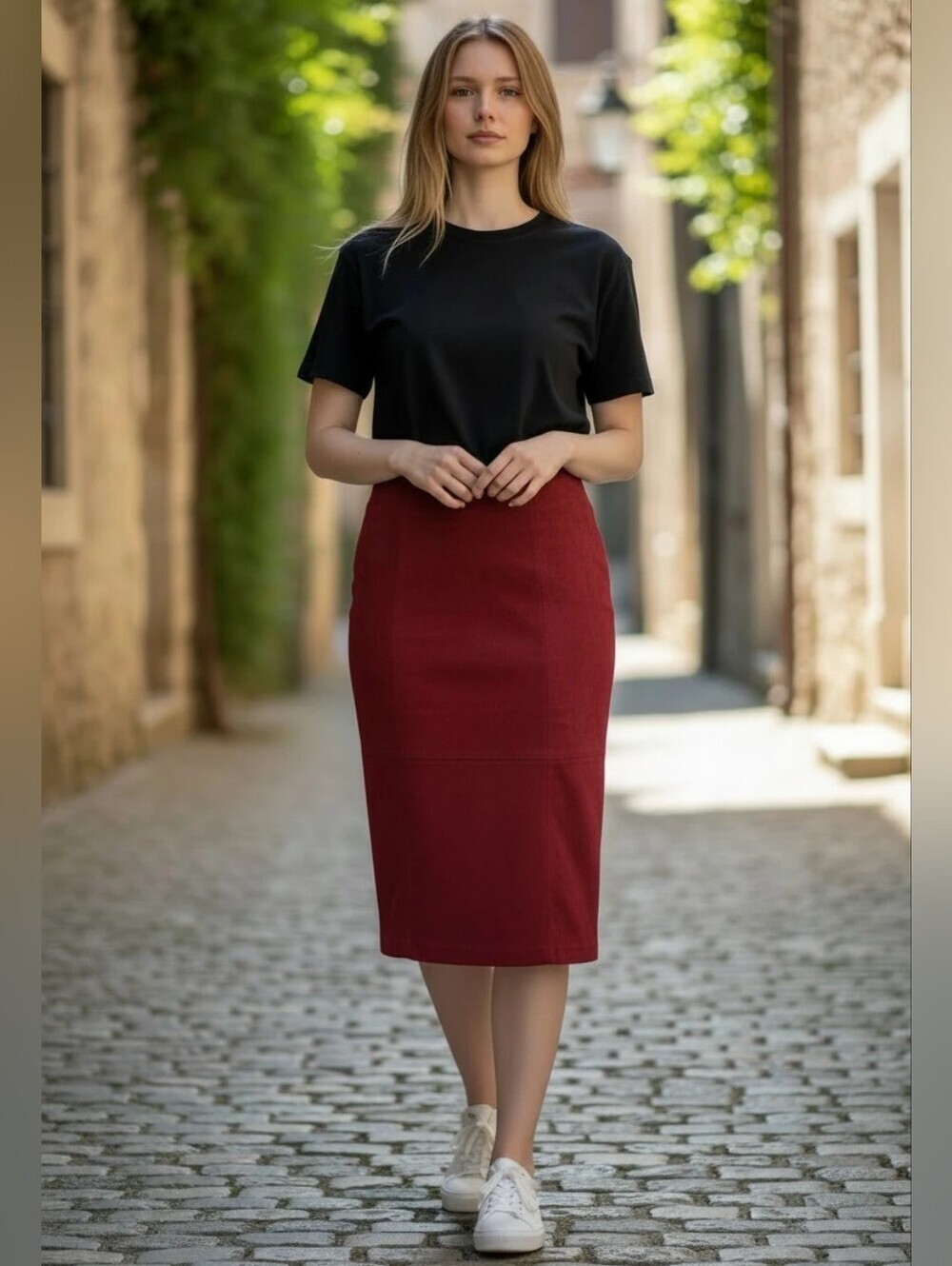 Andrew Marc New York Dark Red Faux Suede Seamed Pencil Stretch Skirt Small